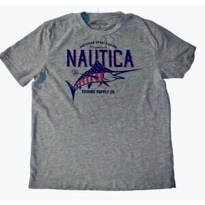 Nautica XS Sport Fishing Supply Co. T-Shirt Gray USA Flag Marlin Graphic Tee
